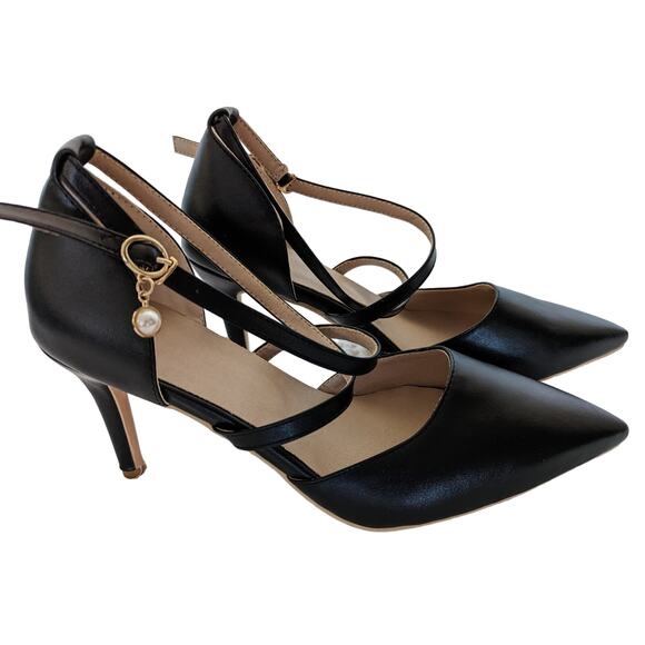 NEW Foremode Women's Pointed Toe Strappy Pearl Buckle Heels Shoes Black Size 10 - Picture 1 of 10